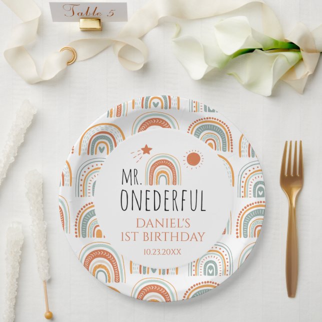 HERR Onederful Boho Rainbow Erster Geburtstag Pappteller (Hochzeit)