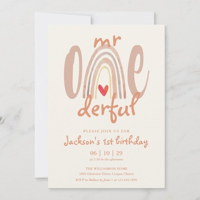 Herr Onederful Boho Regenbogen Herz 1. Geburtstag Einladung (Vorderseite)