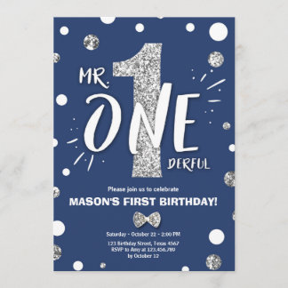 Herr Onederful Boy Royal Blue Silver 1. Geburtstag Einladung