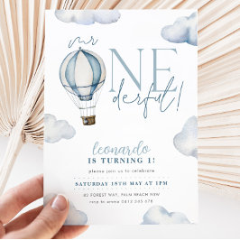 Herr ONEderful Hot Air Ballon Boy 1st Birthday Blu Einladung