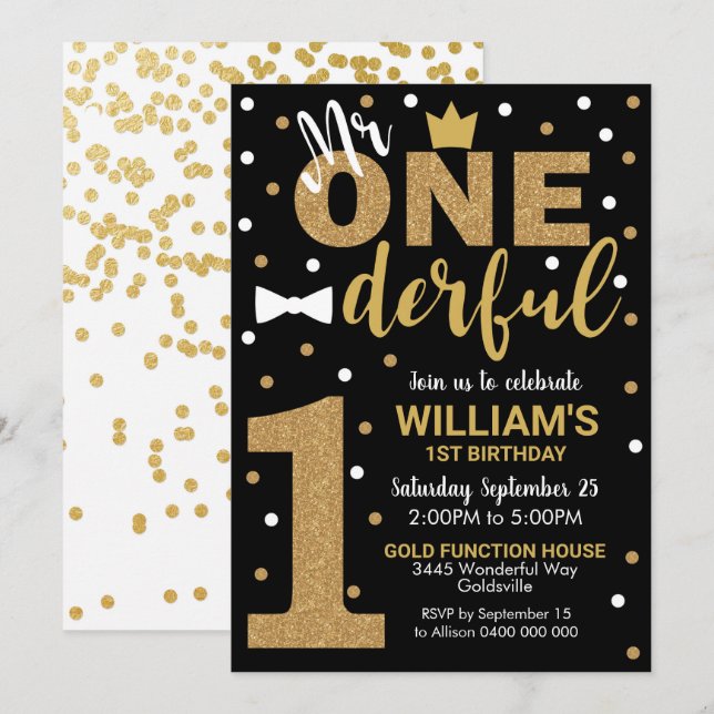 Herr Onederful Invitation Black and Gold Einladung (Vorne/Hinten)
