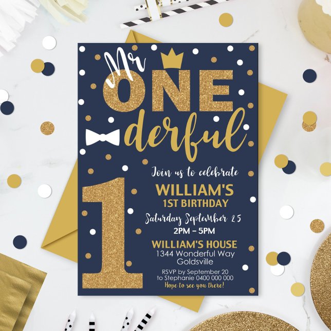 Herr Onederful Invitation Navy and Gold Einladung (Von Creator hochgeladen)