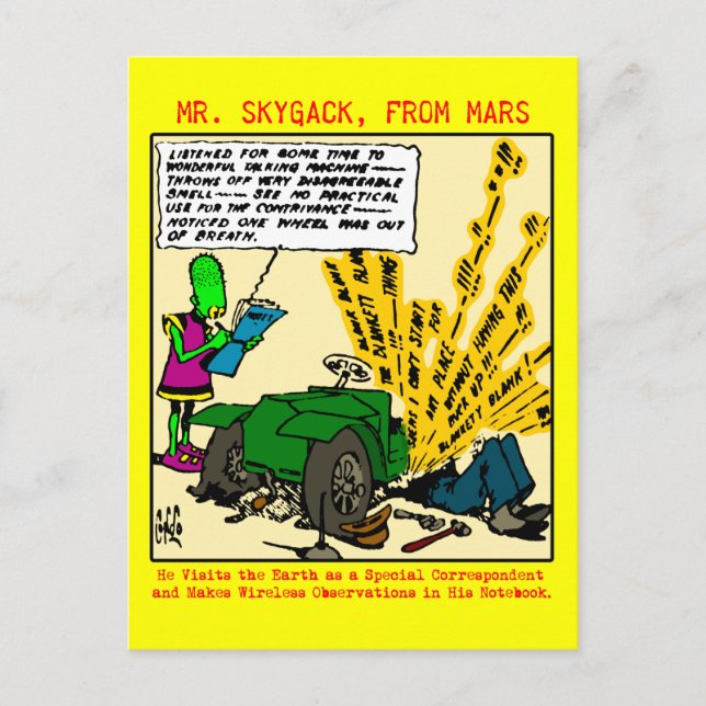 Herr Skygack beobachtet ein kaputtes Auto Postkarte (Vorderseite)