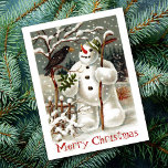 Herr Snowman und Herr Crow Postcard Feiertagspostkarte<br><div class="desc">Dieses wunderschöne deutsche Postkartenbild illustriert eine Krähe,  die einem Schneemann einen Besuch abstattete,  der von der Winterlandschaft umgeben ist. Die Einfachheit und die Farben ergeben ein wunderschönes Bild. Es ist perfekt für alle Ihre Weihnachts- und Urlaubswünsche.</div>