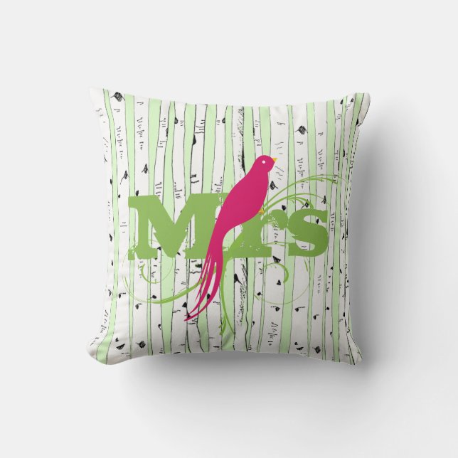 Herr Spring Green und Fuchsia Birch Tree Bird Kissen (Vorderseite)