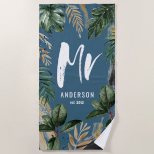Herr Tropical leaf & typografie blau modern Strandtuch