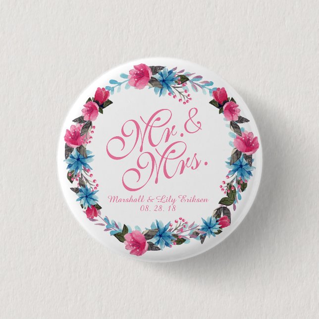 Herr u. Frau Elegant Floral Wedding Button (Vorderseite)
