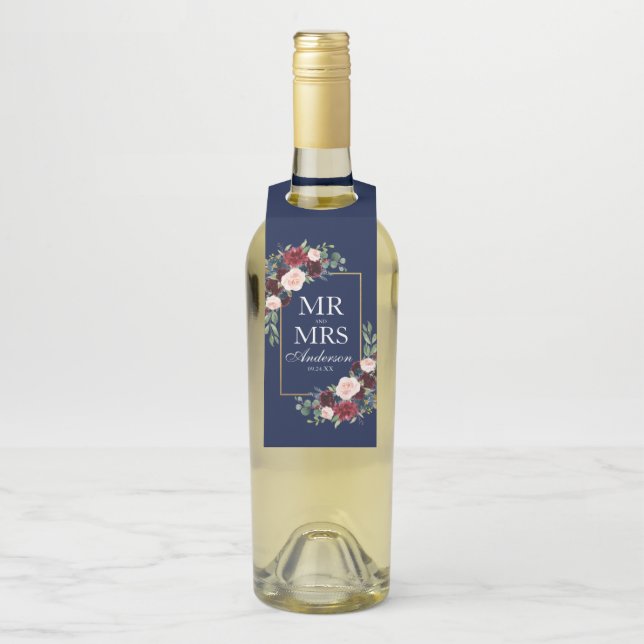 Herr und Frau Blue Burgundy Floral Wedding Flaschenanhänger (Auf Flasche)