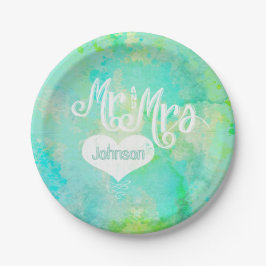 Herr und Frau Blue Green Watercolor Style Pappteller