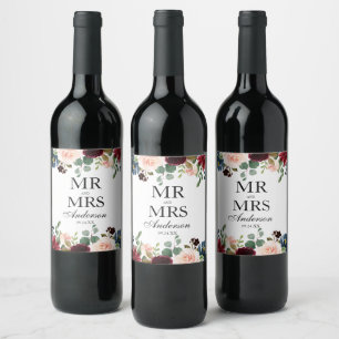 Herr und Frau Burgundy Blue Floral Wedding Weinetikett
