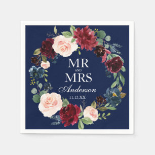 Herr und Frau Burgundy Floral Blue Wedding Serviette