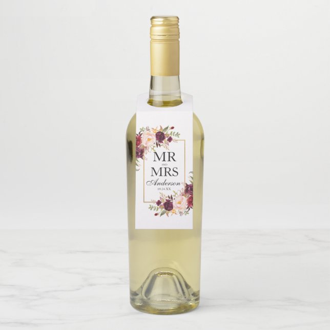 Herr und Frau Burgundy Floral Wedding Flaschenanhänger (Auf Flasche)