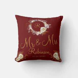 Herr und Frau Burgundy Gold Floral Monogram Logo Kissen