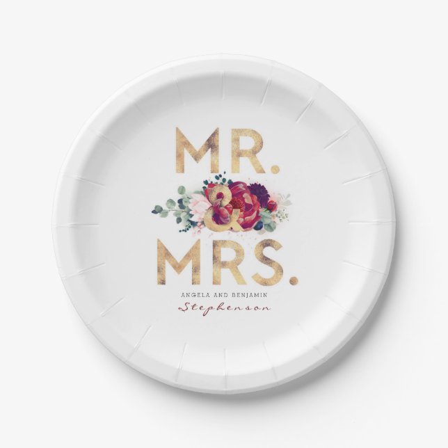 Herr und Frau Burgundy Red and Gold Floral Typogra Pappteller (Vorderseite)