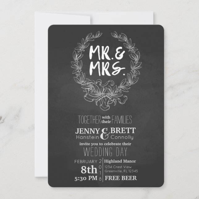Herr und Frau Chalkboard Free Beer Wedding Einladung (Vorderseite)