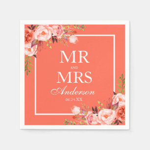 Herr und Frau Coral Floral White Wedding Serviette