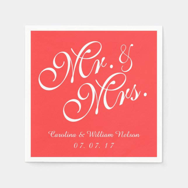 Herr und Frau Coral Red Wedding Paper Napkins Serviette (Vorderseite)