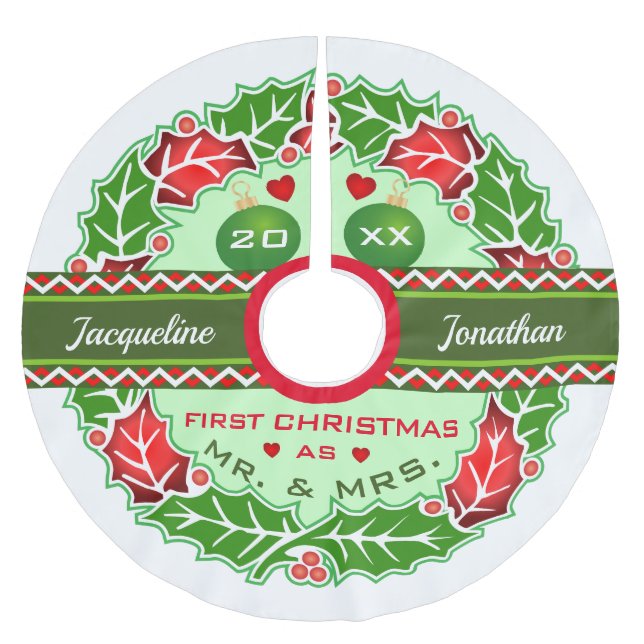 Herr und Frau First WEDDED Christmas Holly Wreath Polyester Weihnachtsbaumdecke (Vorderseite)