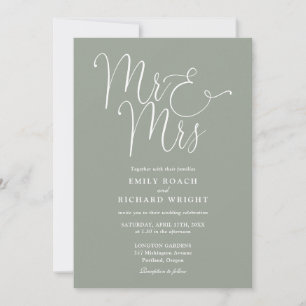 Herr und Frau Modern QR Code Salbeigrüne Hochzeit Einladung