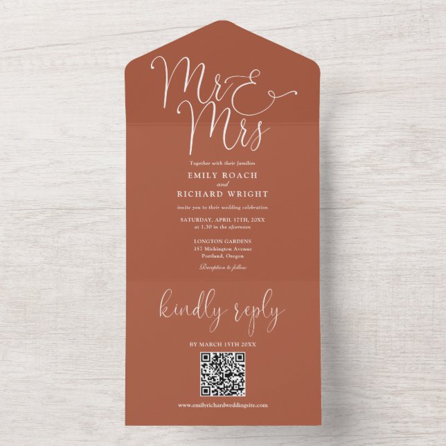 Herr und Frau Modern QR Code Terracotta Wedding All In One Einladung (Innen Boden)