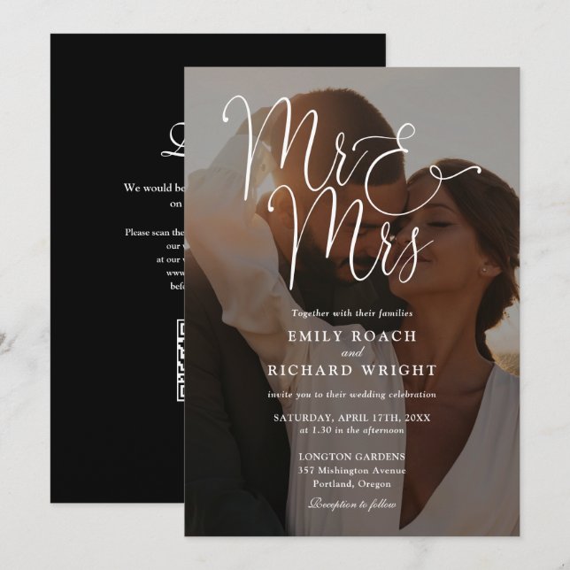 Herr und Frau Modern Script QR Code Foto Hochzeit Einladung (Vorne/Hinten)