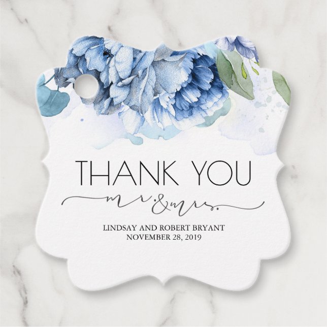 Herr und Frau Navy vand Blue Floral Vielen Dank Geschenkanhänger (Vorderseite)