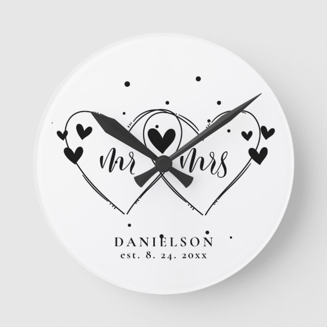 Herr und Frau Newly Weds Wedding Runde Wanduhr (Vorderseite)