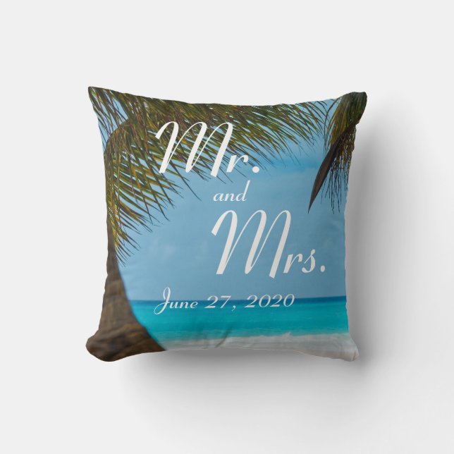 Herr und Frau Palm Trees on Beach Wedding Pillows Kissen (Vorderseite)