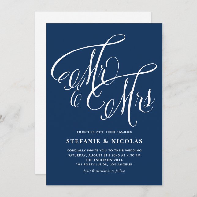 Herr und Frau Rustic Calligraphy Navy Blue Wedding Einladung (Vorne/Hinten)