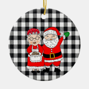 Herr und Frau Santa Claus und Elf Buffalo Kariert Keramik Ornament