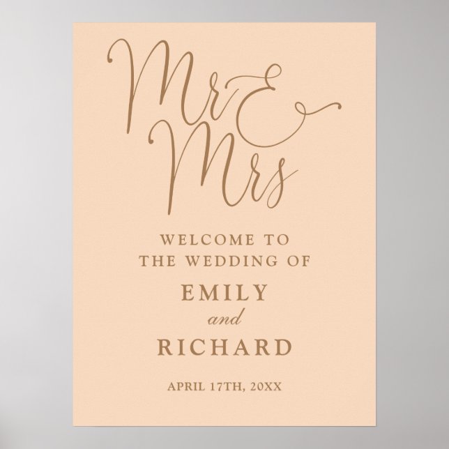Herr und Frau Soft Peach Wedding Begrüßungszeichen Poster (Vorne)