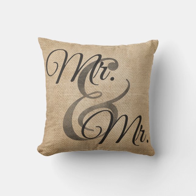 Herr und Herr Gay Burlap Wedding Personalized Kissen (Vorderseite)