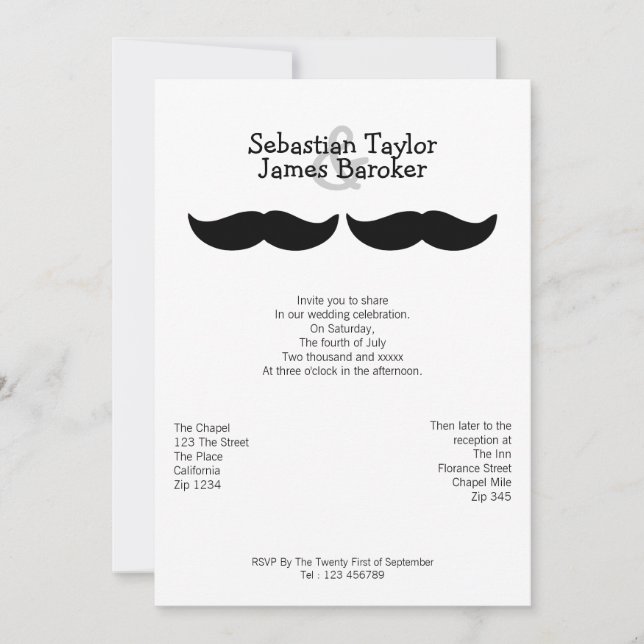 Herr und Herr Mustache Wedding Einladung (Vorderseite)