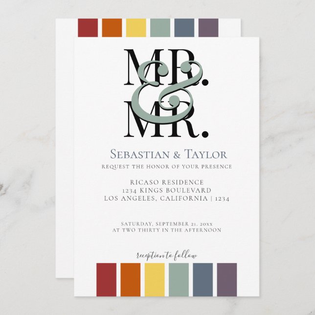 Herr und Herr Rainbow Gay Elegant Wedding Ankündigung (Vorne/Hinten)