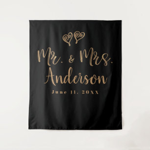 HERR und MRS. Gold Script Typografie Moderne Minim Wandteppich