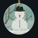 Herr Winter wünscht Snowman Ornament Round<br><div class="desc">Lass es schneien! Lass es schneien! Lass es schneit! Mr. Snowman mit Tophut und Karottennase Lieben den Schnee. Hübscher blauer Hintergrund und braune Silhouetten. Schönes Winterbild. Personalisieren durch Ändern von Text. Herr Winter Snowman Vektorbild erweitert Lizenz von Fotolia.com - © grgroup - Fotolia.com.</div>