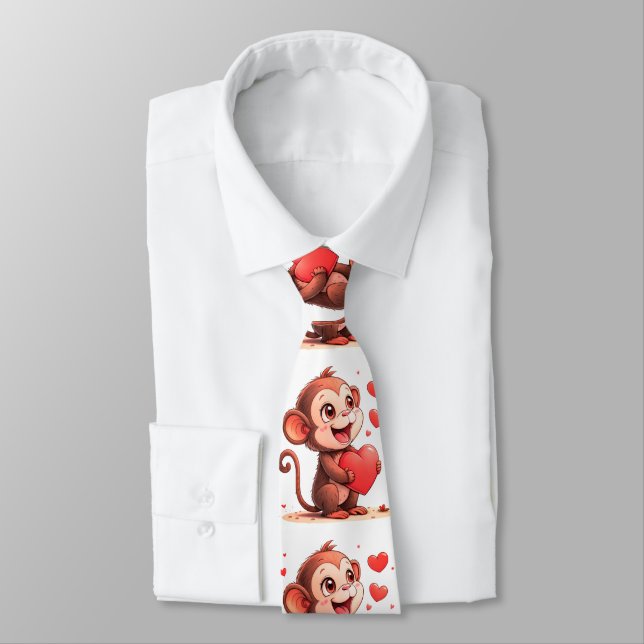 Herren Designer Ties Monkey Red Hearts Krawatte (Gebunden)