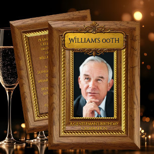 Herren Elegantes Rustikales Gold Holz Foto Geburts Einladung