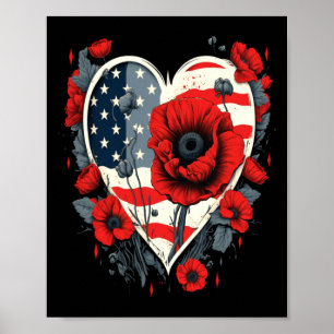 Herren Gedenktag rote Mohnblume USA Herzflagge Poster