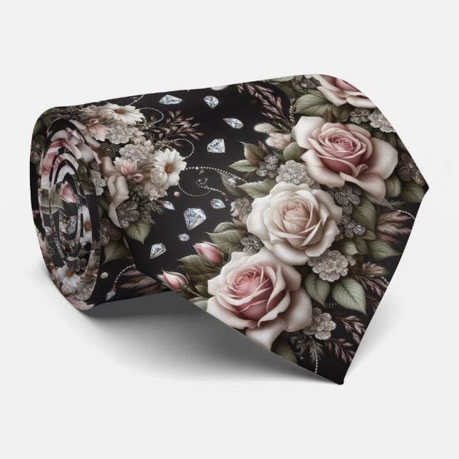 Herren Krawatte | Rosa Rosen & Diamanten (Gerollt)