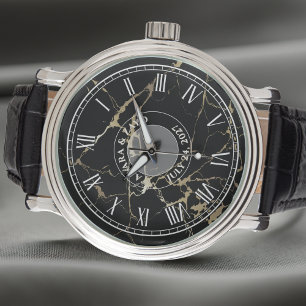 Herren Schwarz Faux-Marbel-Uhr – Leder – Vintage Armbanduhr