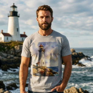 Herren-Wasserfarben-Leuchtturm-Nautik-Geschenk T-Shirt