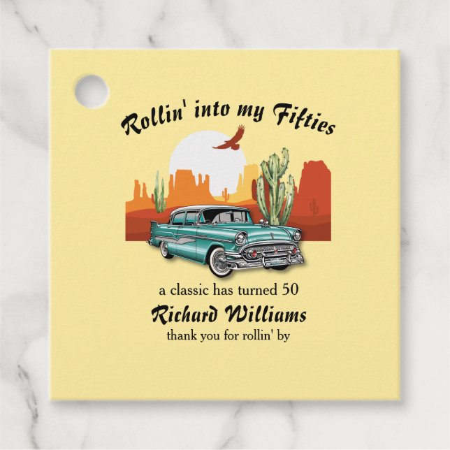 Herrenrétro Classic Blue Car Wüste 50. Geburtstag Geschenkanhänger (Vorderseite)