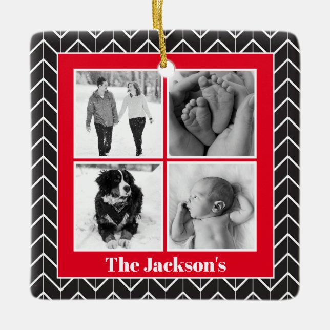 Herringbone Foto Collage Moderne Weihnachtszeit-Ke Keramikornament (Vorderseite)