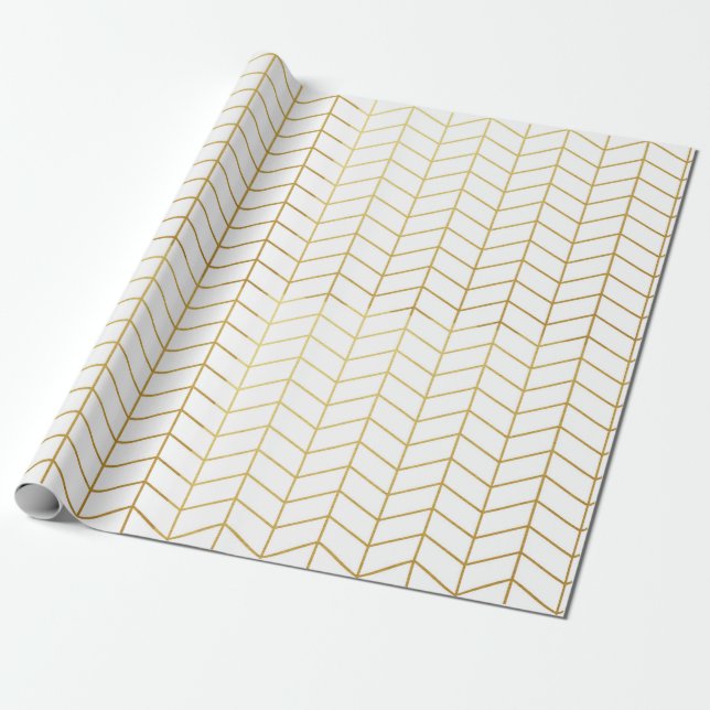 Herringbone Muster Imitate Gold Foil White Geometr Geschenkpapier (Ungerollt)