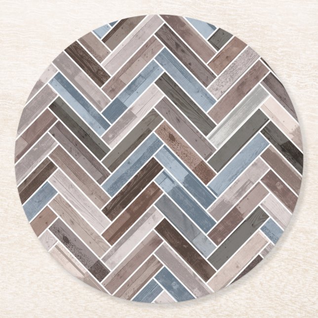 Herringbone-Muster in Blue Brown Grau Runder Pappuntersetzer (Vorderseite)