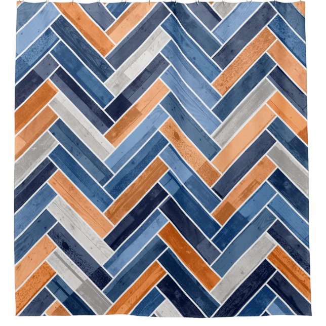 Herringbone-Muster in Navy Blue und Orange Duschvorhang (Vorderseite)