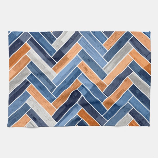 Herringbone-Muster in Navy Blue und Orange Geschirrtuch (Horizontal)