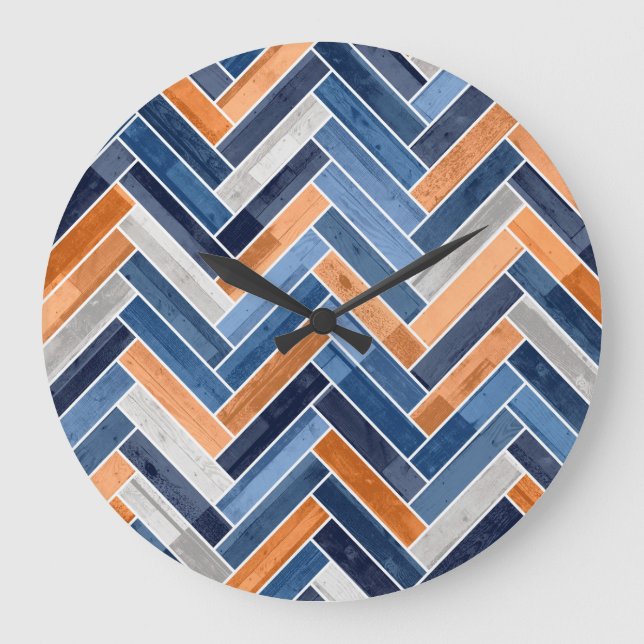 Herringbone-Muster in Navy Blue und Orange Große Wanduhr (Vorderseite)