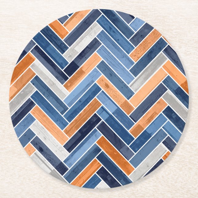 Herringbone-Muster in Navy Blue und Orange Runder Pappuntersetzer (Vorderseite)